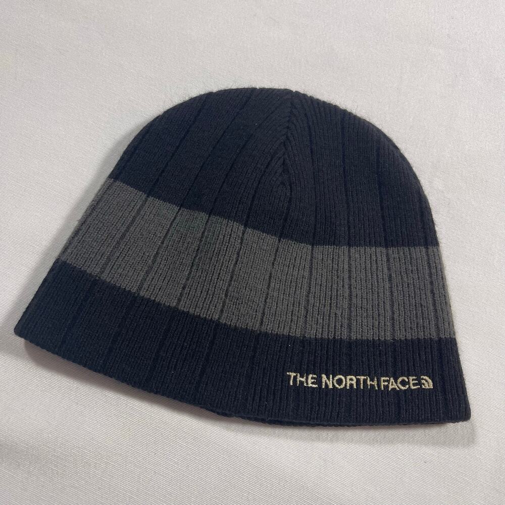 The North Face Beanie Navy Blue Gray Striped Knit Winter Hat Unisex One Size